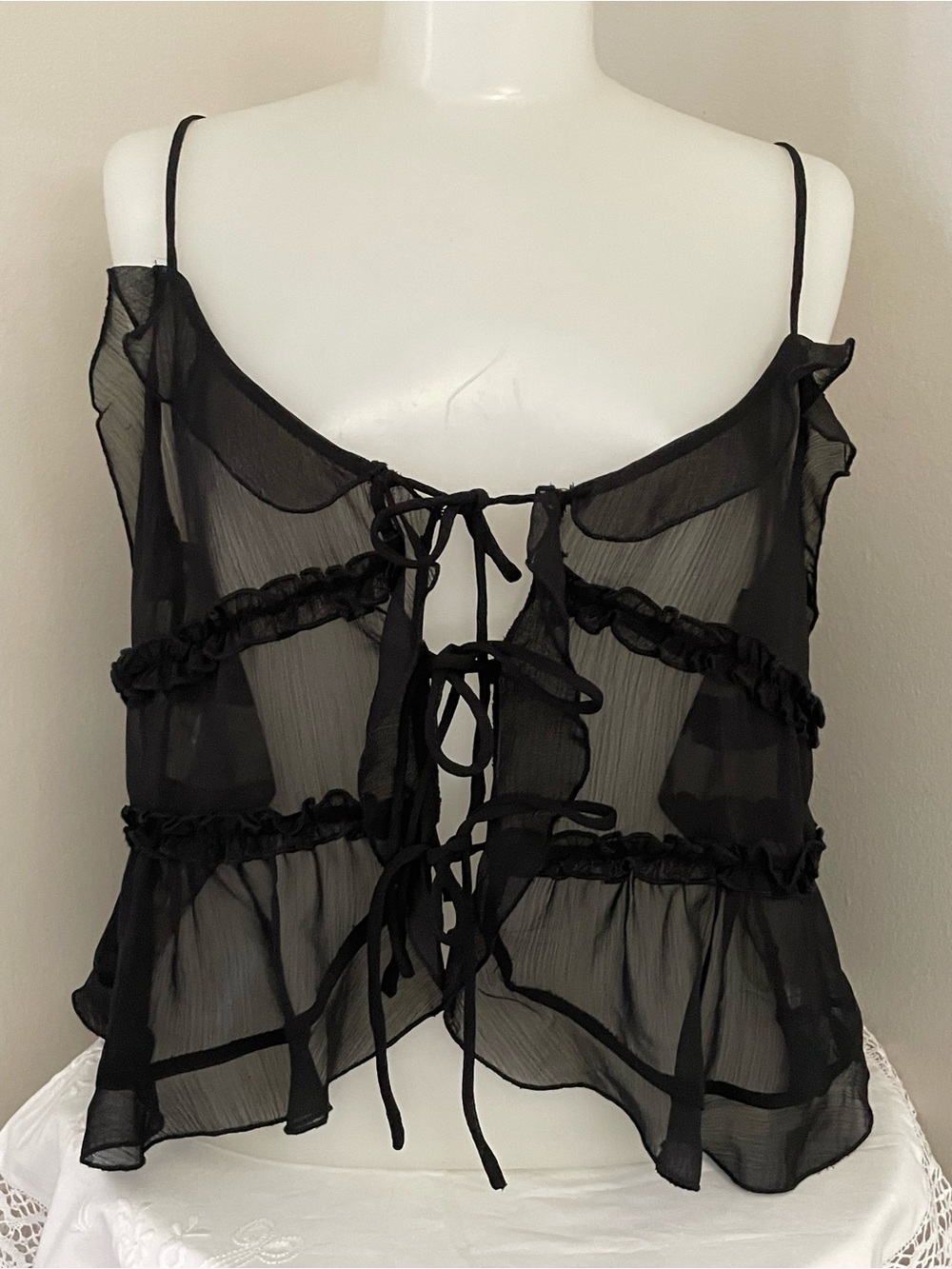 RSQ Sheer Black Chiffon Ruffled Tiered Cami Tie Front Sz L NWT Whimsical Y2K